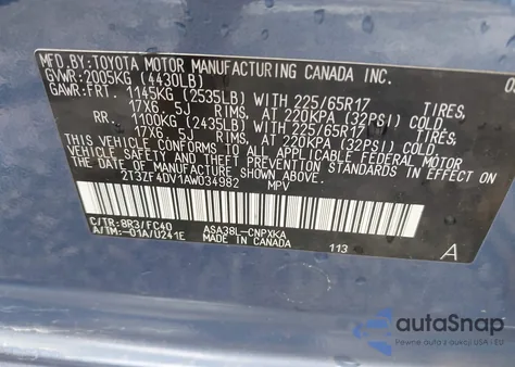 2010 Toyota Rav4 z USA, uszkodzony, nr VIN 2T3ZF4DV1AW034982